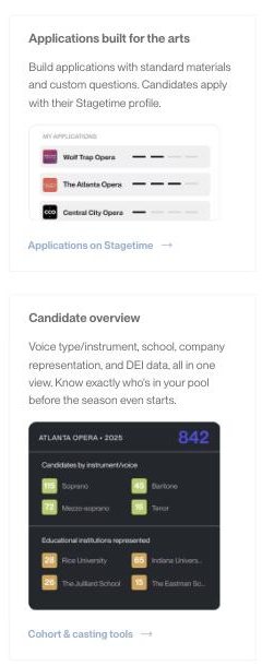 stagetime.com, Home · feature cards